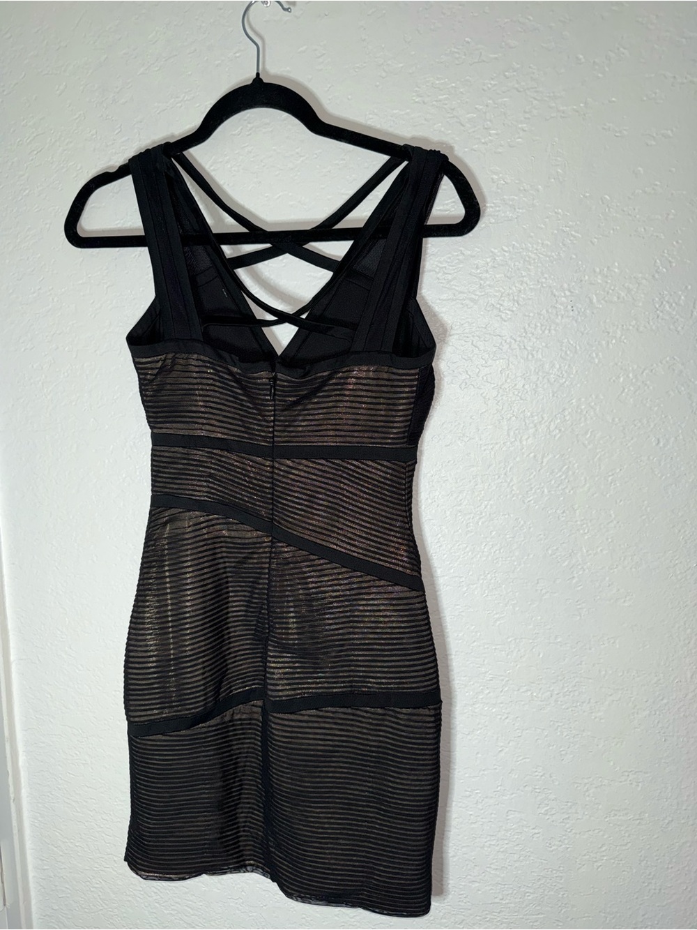 BCBGMaxAzria Black and Gold Striped Mini Dress with Crisscross Back